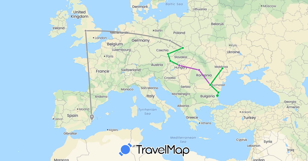 TravelMap itinerary: driving, bus, plane, train in Bulgaria, Czech Republic, Spain, United Kingdom, Hungary, Moldova, Poland, Romania, Slovakia (Europe)